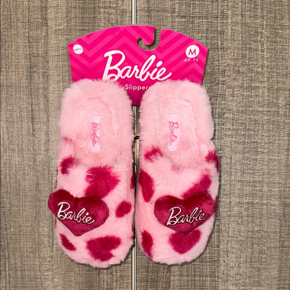 Barbie Fuzzy Pink And Red Heart Slippers‎
